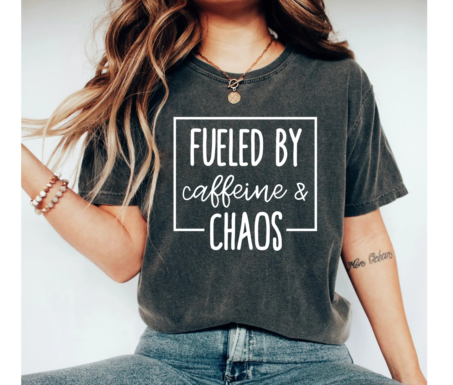 Fueled by Caffeine and Chaos Funny Mom Shirt